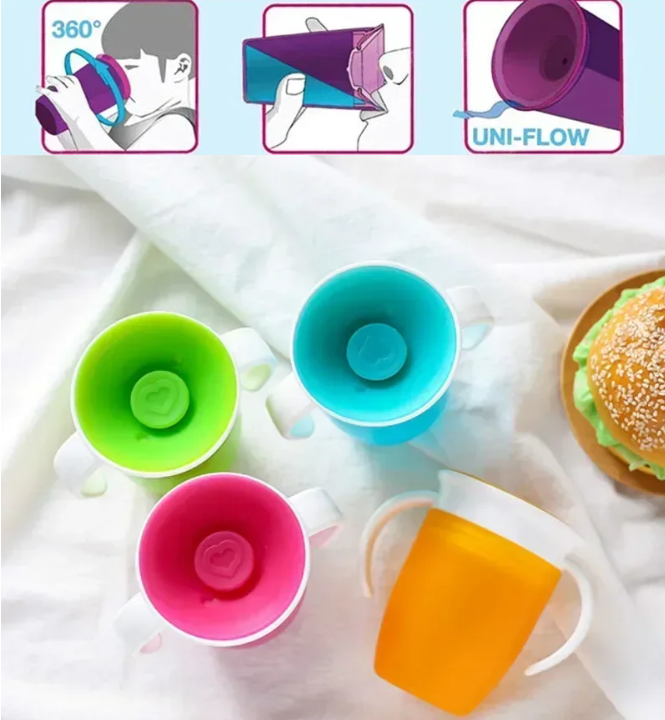 Colorful silicone cups with various features highlighted on a white background