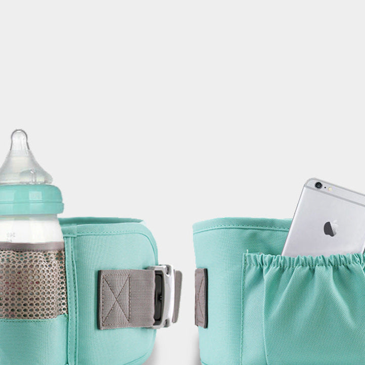Teal waist bag with bottle holder and phone pocket on a white background