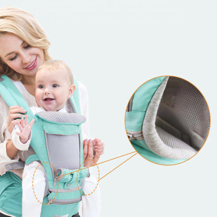 Woman holding a baby in a green baby carrier with close-up details on a light gray background