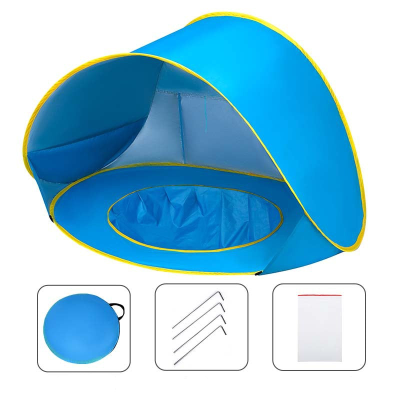 Blue pop-up baby tent with yellow trim on a white background, including icons for storage bag, stakes, and carrying bag.