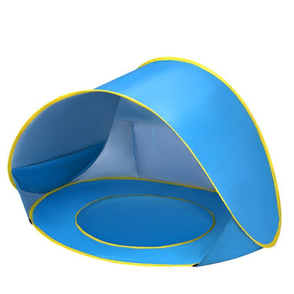 Blue pop-up tent with yellow trim on a white background