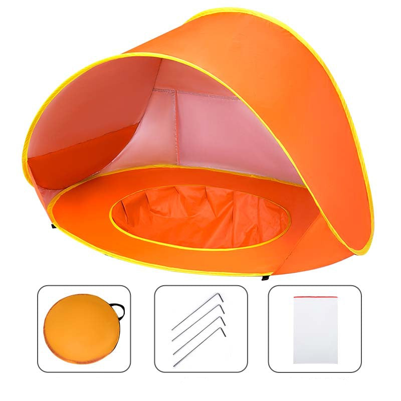 Orange pop-up tent with accessories on a white background