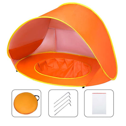 Orange pop-up tent with accessories on a white background