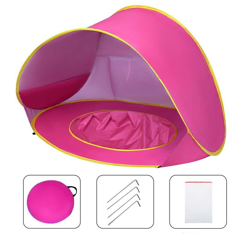 Pink pop-up tent with yellow trim on a white background, including accessories.