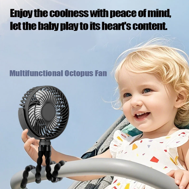 Child holding a multifunctional octopus fan with a clear blue sky background